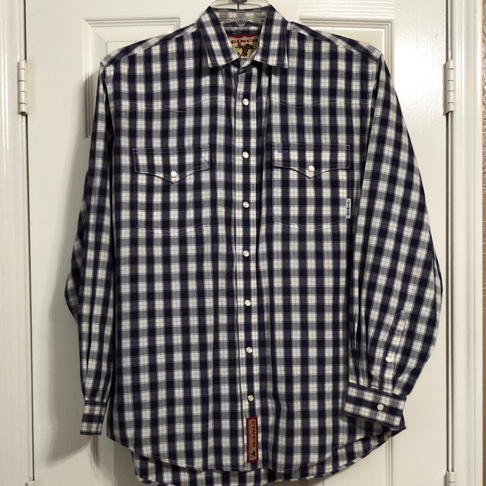 Cinch Pearl Snap Button Down Shirt Size Small Navy Blue/Cream/Red